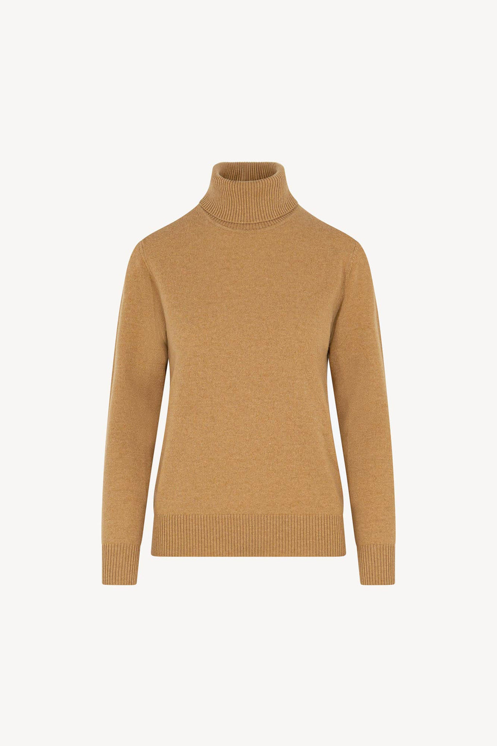 Dolcevita in Maglia Rasata in Puro Cashmere Cammello