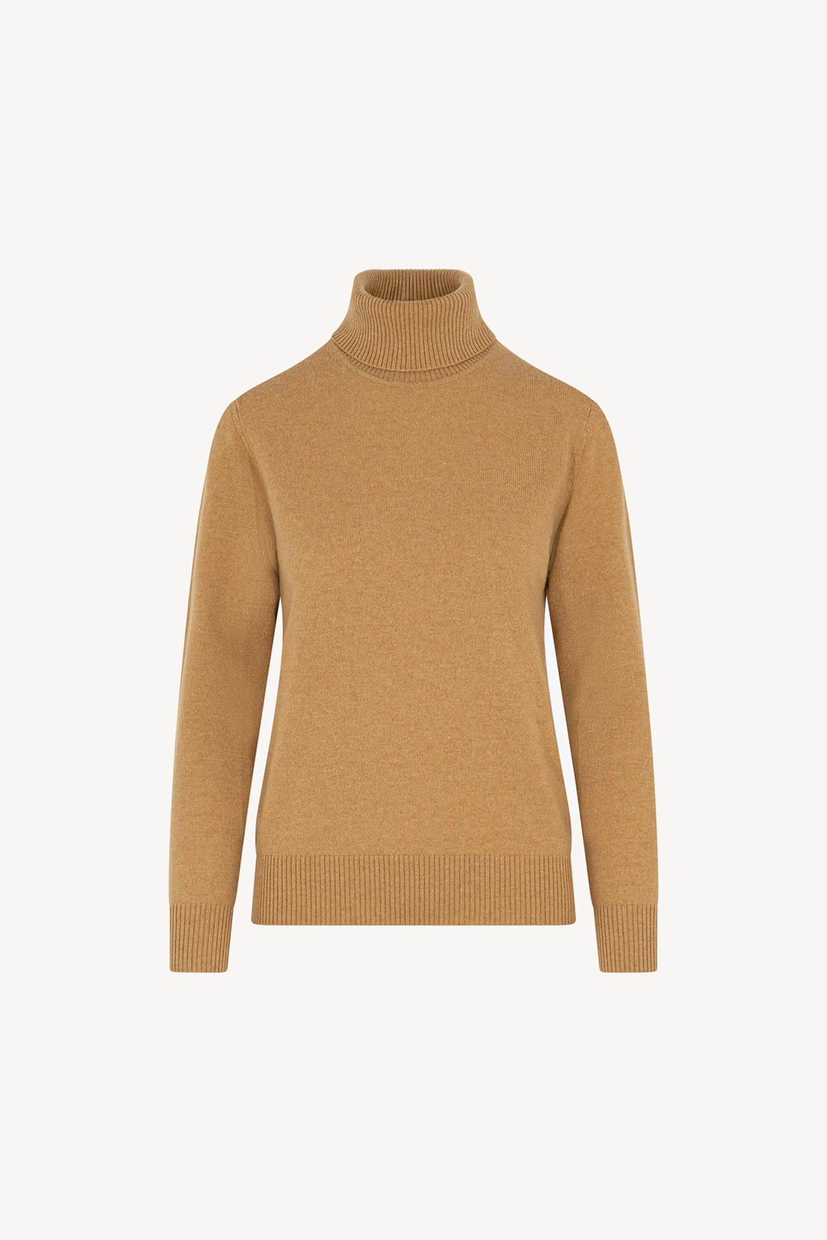 Dolcevita in Maglia Rasata in Puro Cashmere Cammello