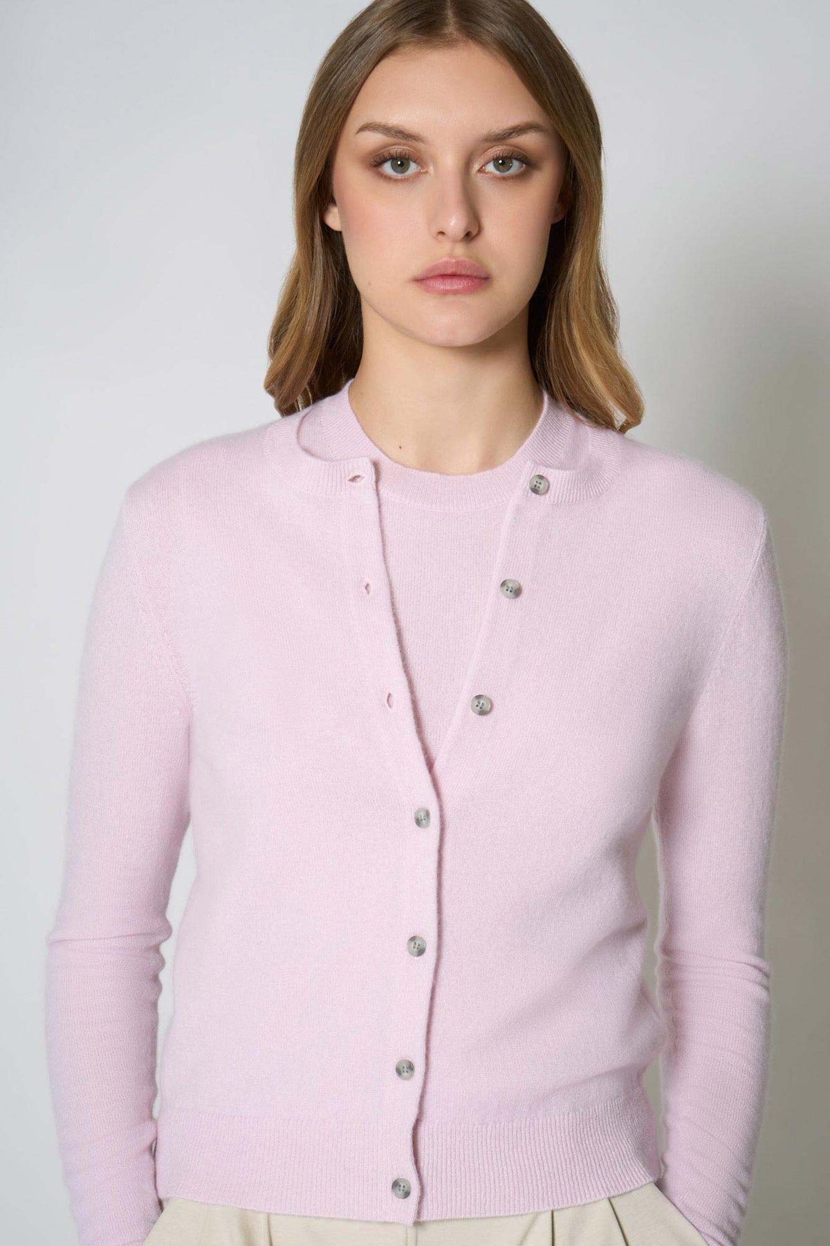 Cardigan Girocollo in Puro Cashmere Rosa