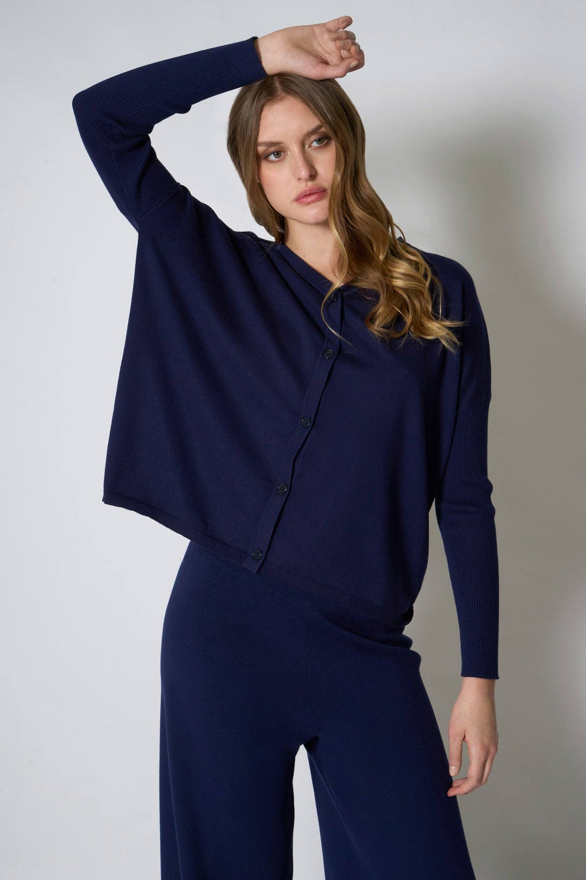 Cardigan Over in Cotone Seta Cashmere Blu