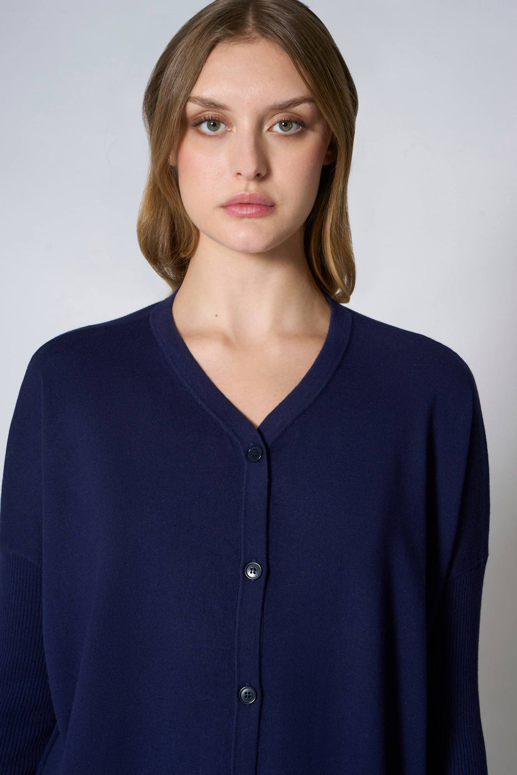 Cardigan Over in Cotone Seta Cashmere Blu