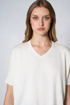 Maglia Scollo a V Mezza Manica Over in Cotone Seta Cashmere Bianco Latte
