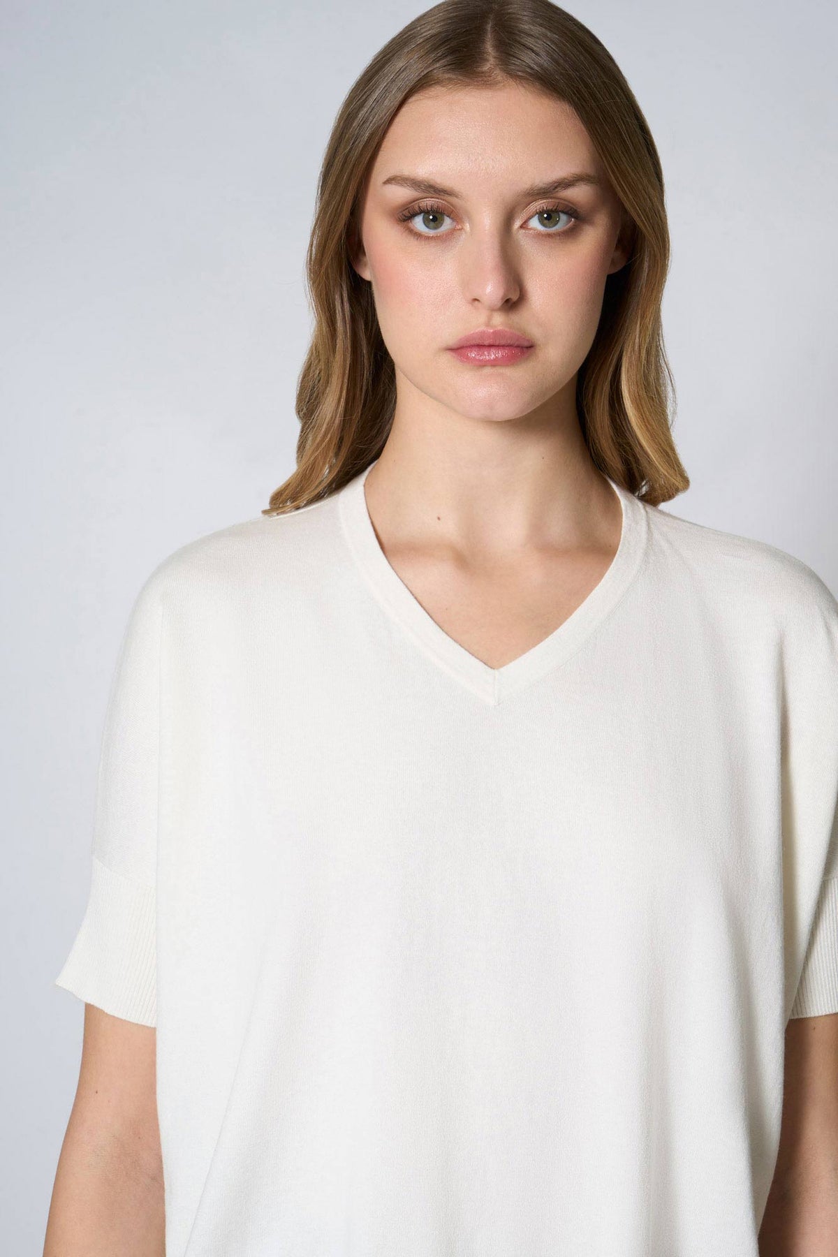 Maglia Scollo a V Mezza Manica Over in Cotone Seta Cashmere Bianco Latte