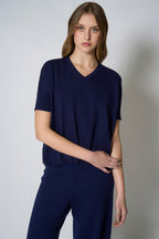 Maglia Scollo a V Mezza Manica Over in Cotone Seta Cashmere Blu