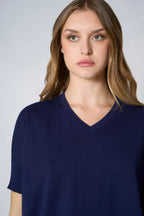 Maglia Scollo a V Mezza Manica Over in Cotone Seta Cashmere Blu
