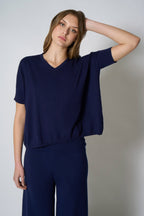 Maglia Scollo a V Mezza Manica Over in Cotone Seta Cashmere Blu