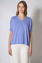 Maglia Scollo a V Mezza Manica Over in Cotone Seta Cashmere Fiordaliso