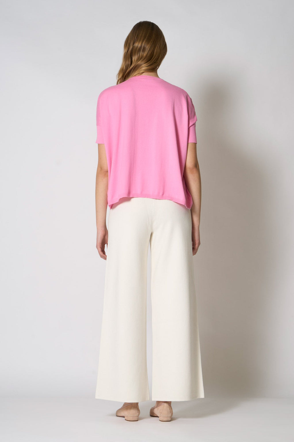 Maglia Scollo a V Mezza Manica Over in Cotone Seta Cashmere Rosa