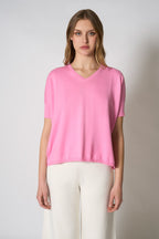 Maglia Scollo a V Mezza Manica Over in Cotone Seta Cashmere Rosa