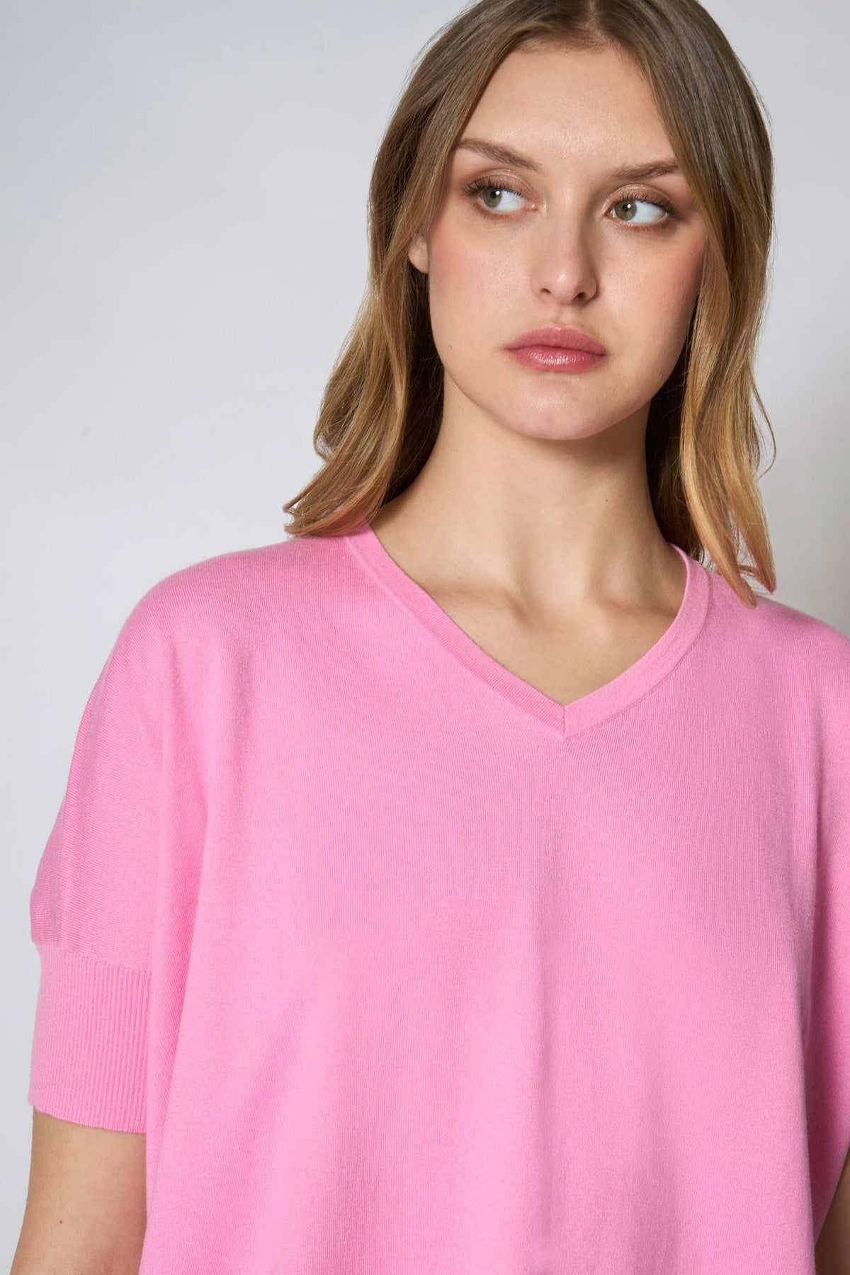 Maglia Scollo a V Mezza Manica Over in Cotone Seta Cashmere Rosa