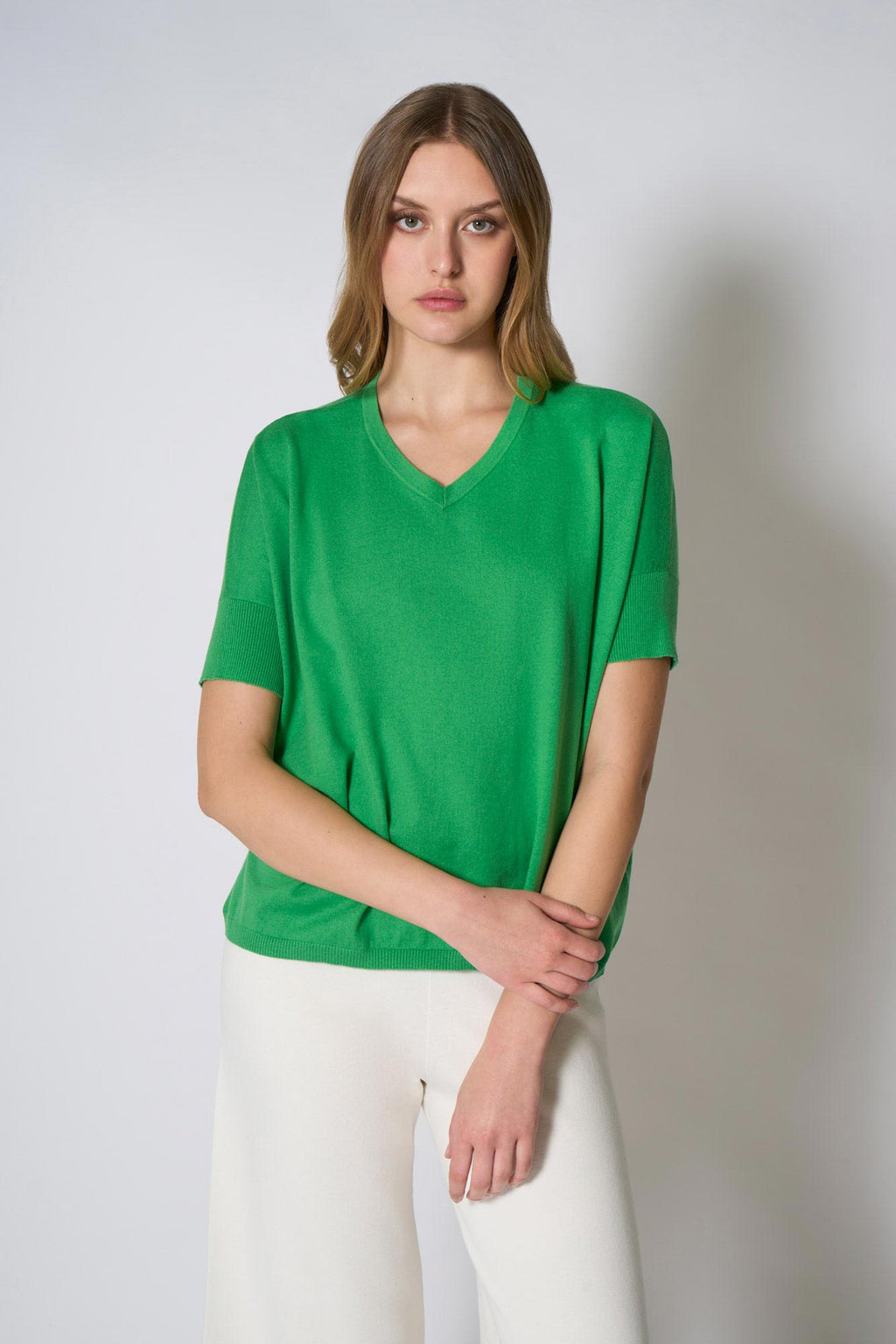 Maglia Scollo a V Mezza Manica Over in Cotone Seta Cashmere Verde