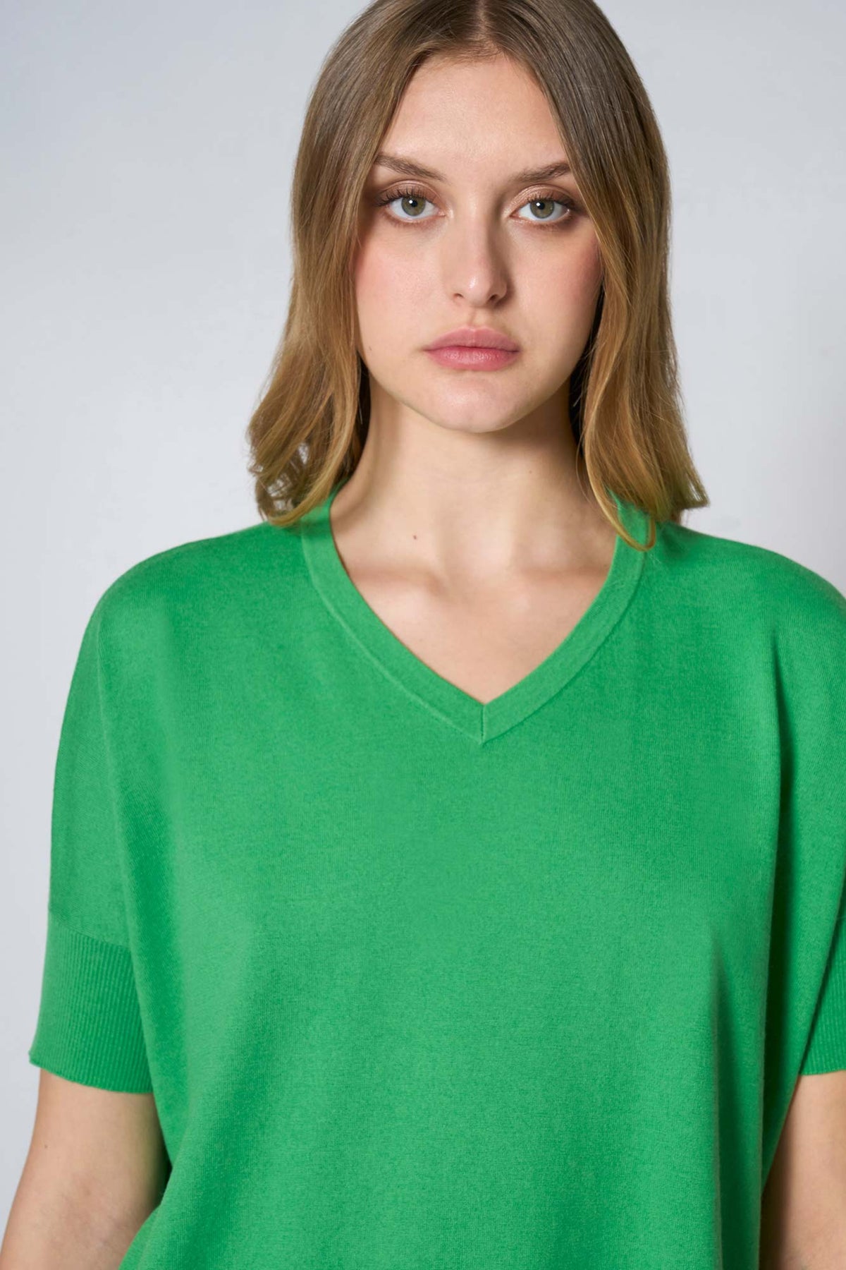 Maglia Scollo a V Mezza Manica Over in Cotone Seta Cashmere Verde