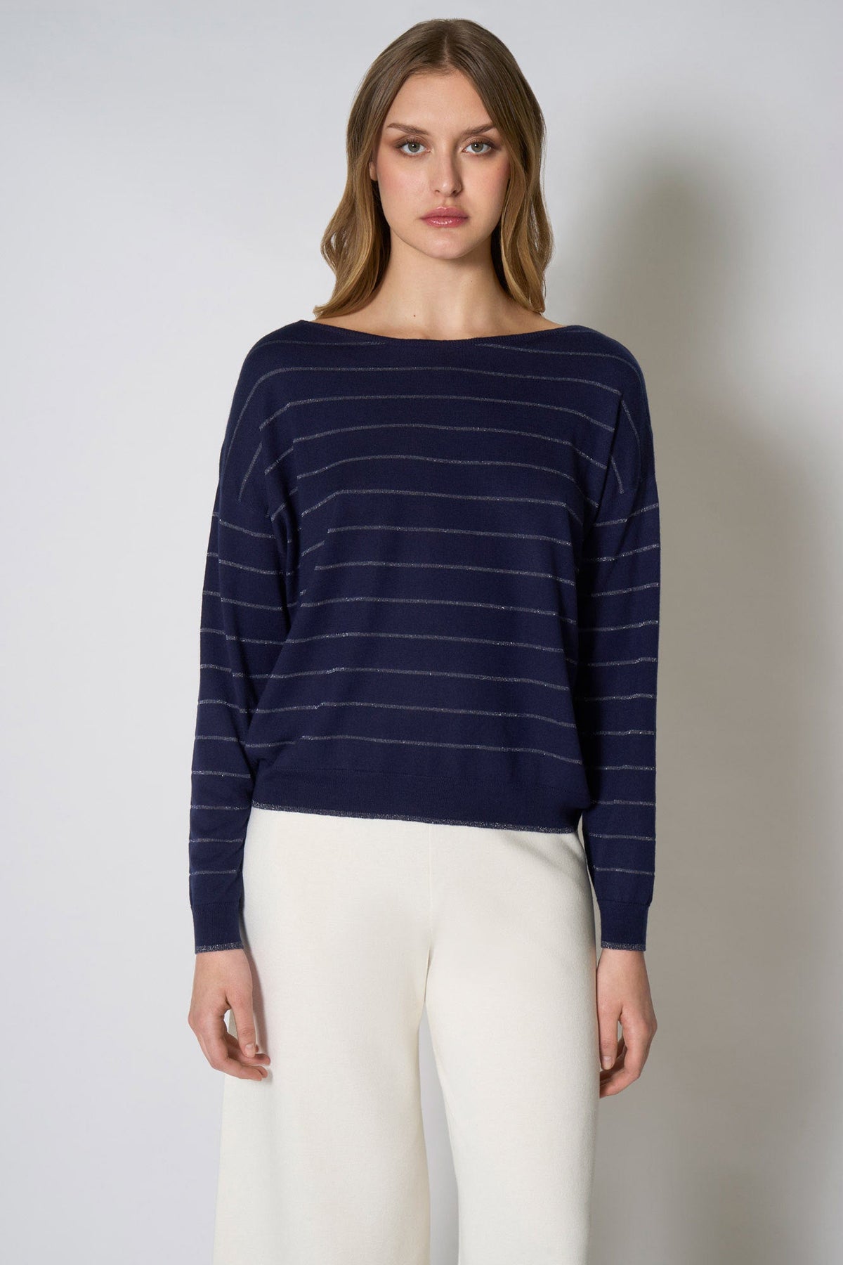 Maglia con inserti in Lurex in Seta Cashmere Blu Navy