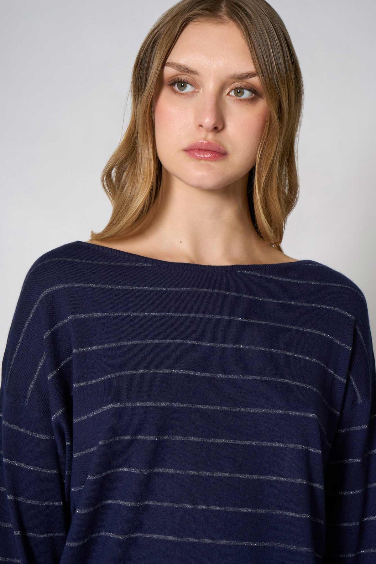 Maglia con inserti in Lurex in Seta Cashmere Blu Navy
