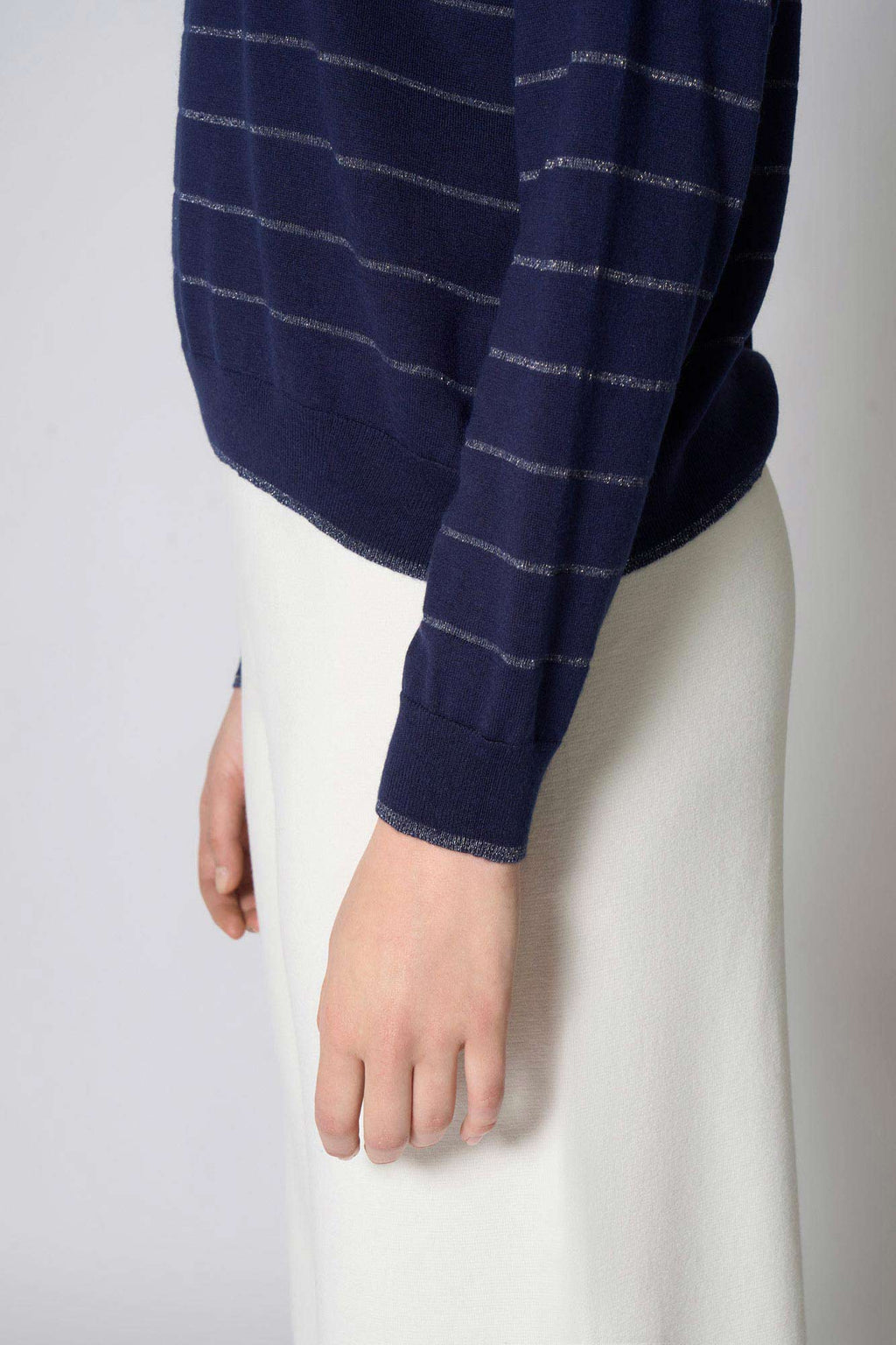 Maglia con inserti in Lurex in Seta Cashmere Blu Navy