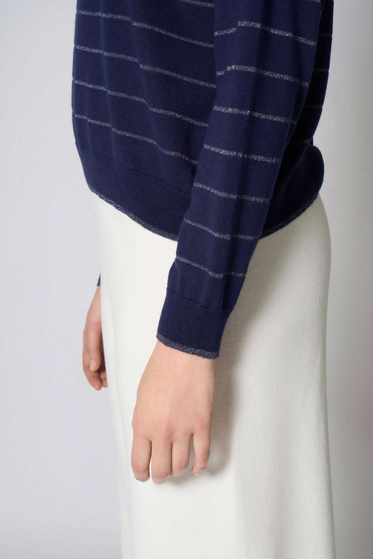 Maglia con inserti in Lurex in Seta Cashmere Blu Navy