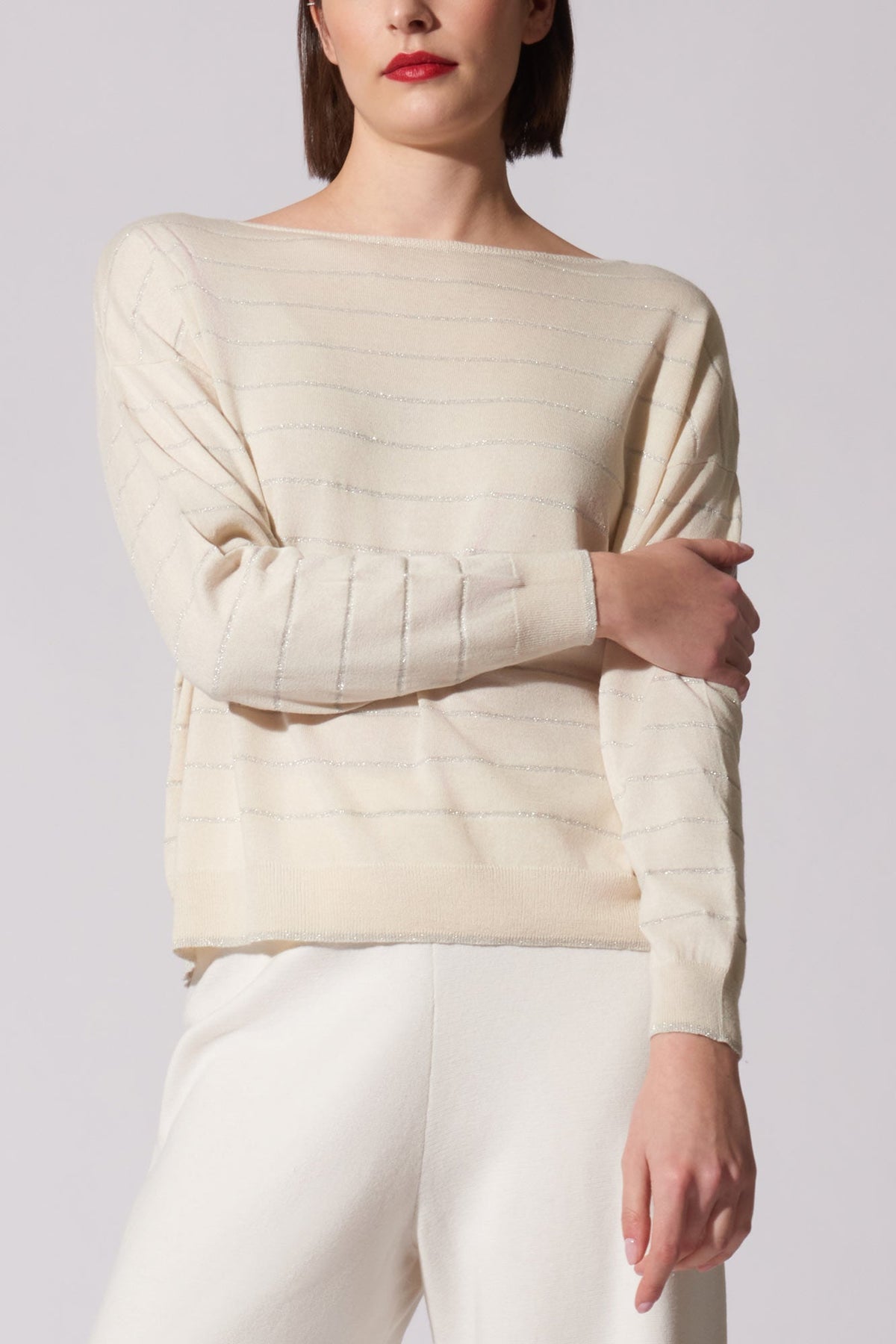 Maglia con inserti in Lurex in Seta Cashmere Avorio