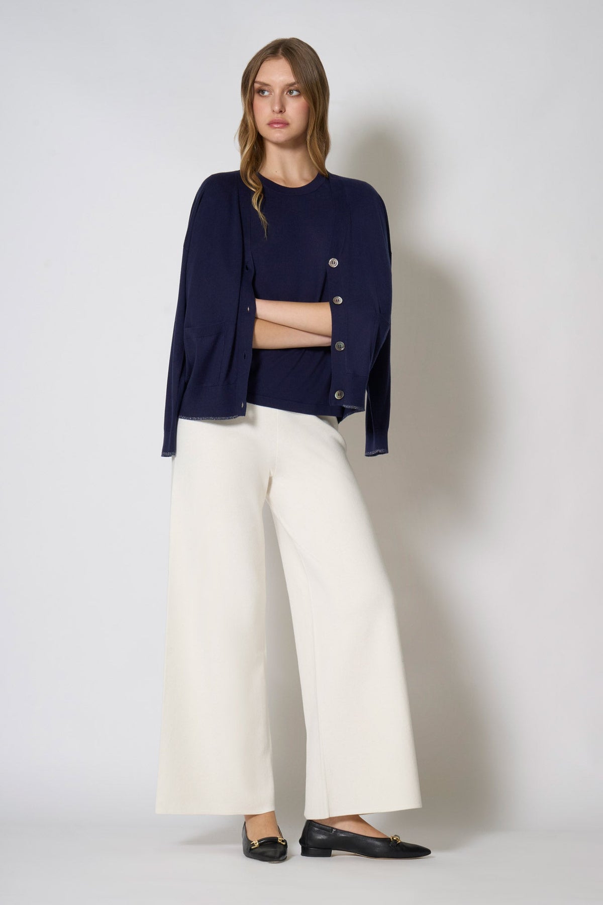 Cardigan con inserti Lurex in Seta Cashmere Navy