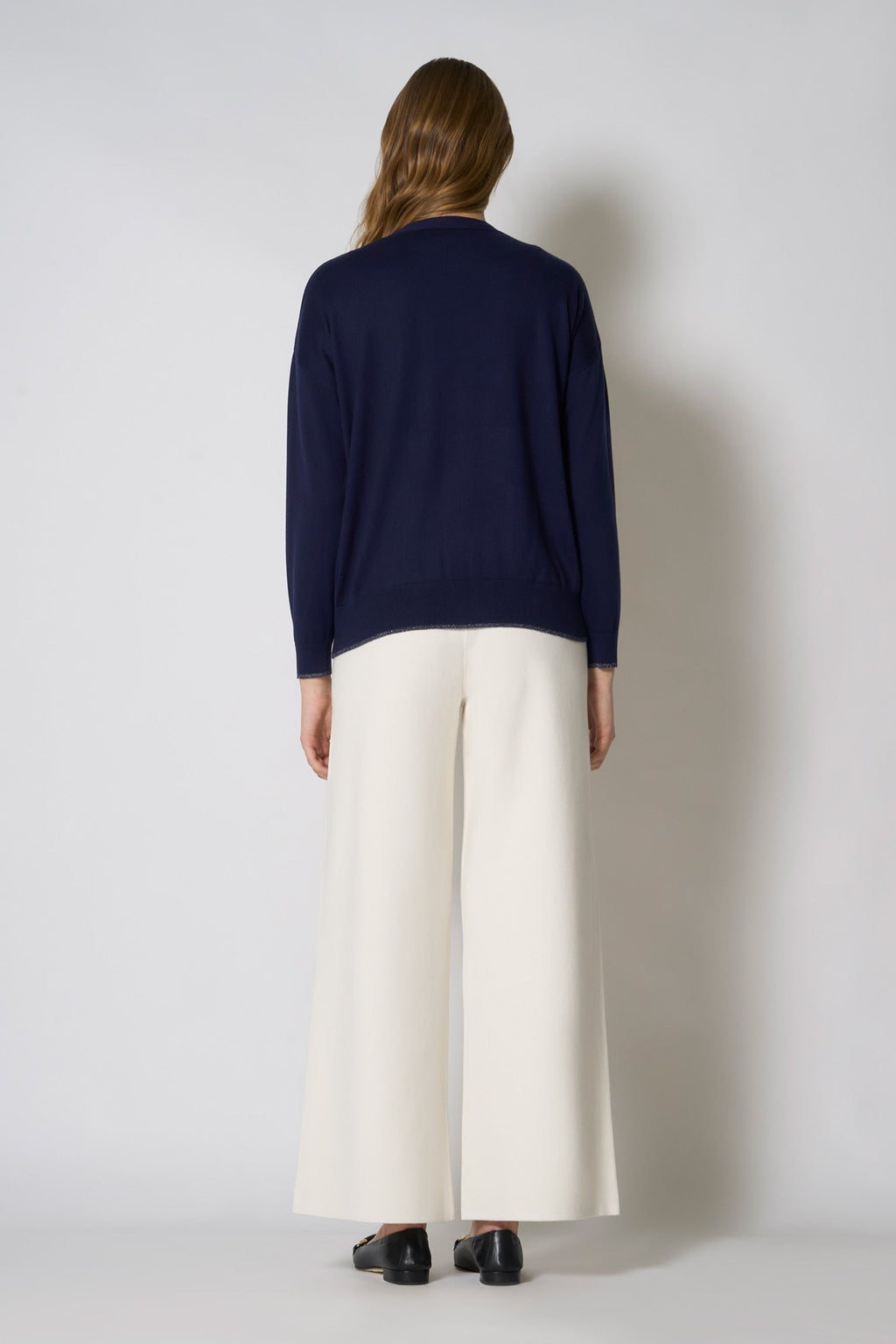 Cardigan con inserti Lurex in Seta Cashmere Navy