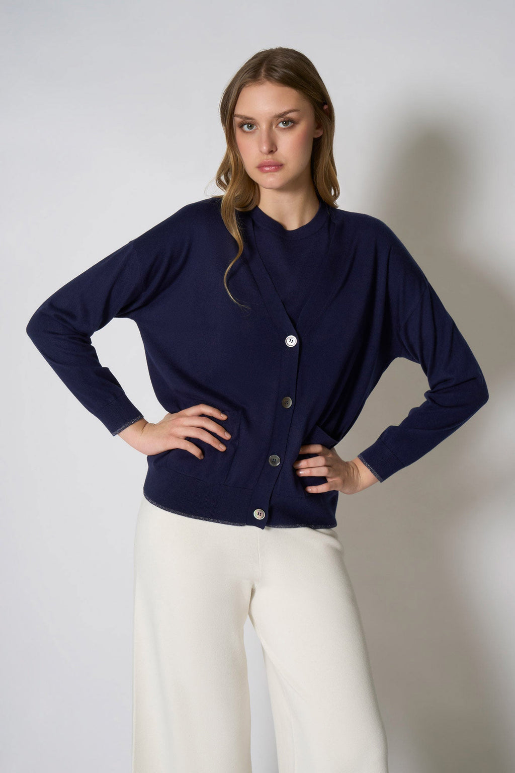 Cardigan con inserti Lurex in Seta Cashmere Navy