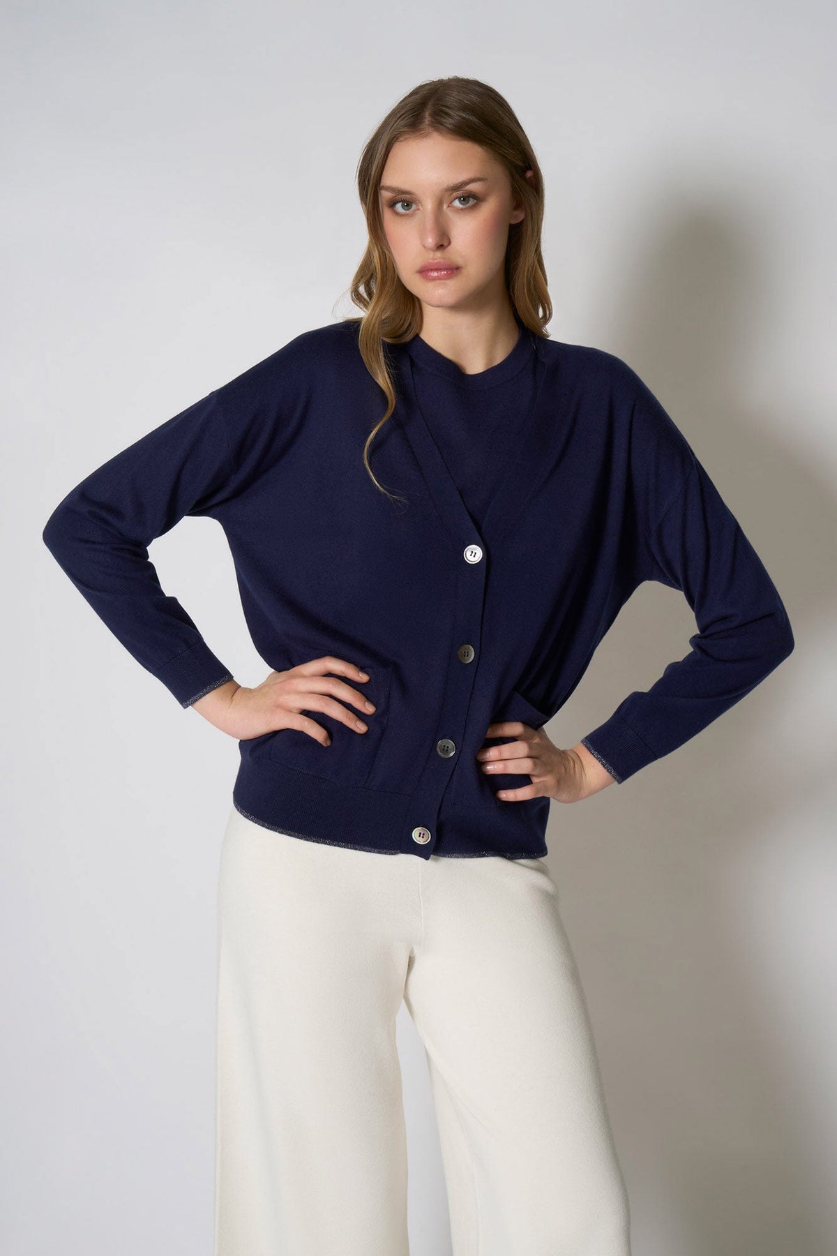 Cardigan con inserti Lurex in Seta Cashmere Navy