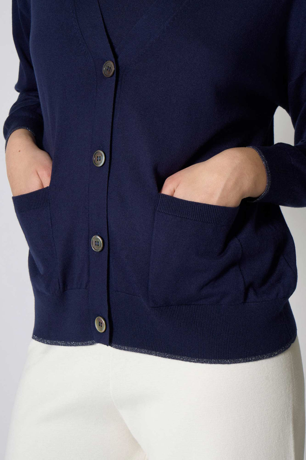 Cardigan con inserti Lurex in Seta Cashmere Navy