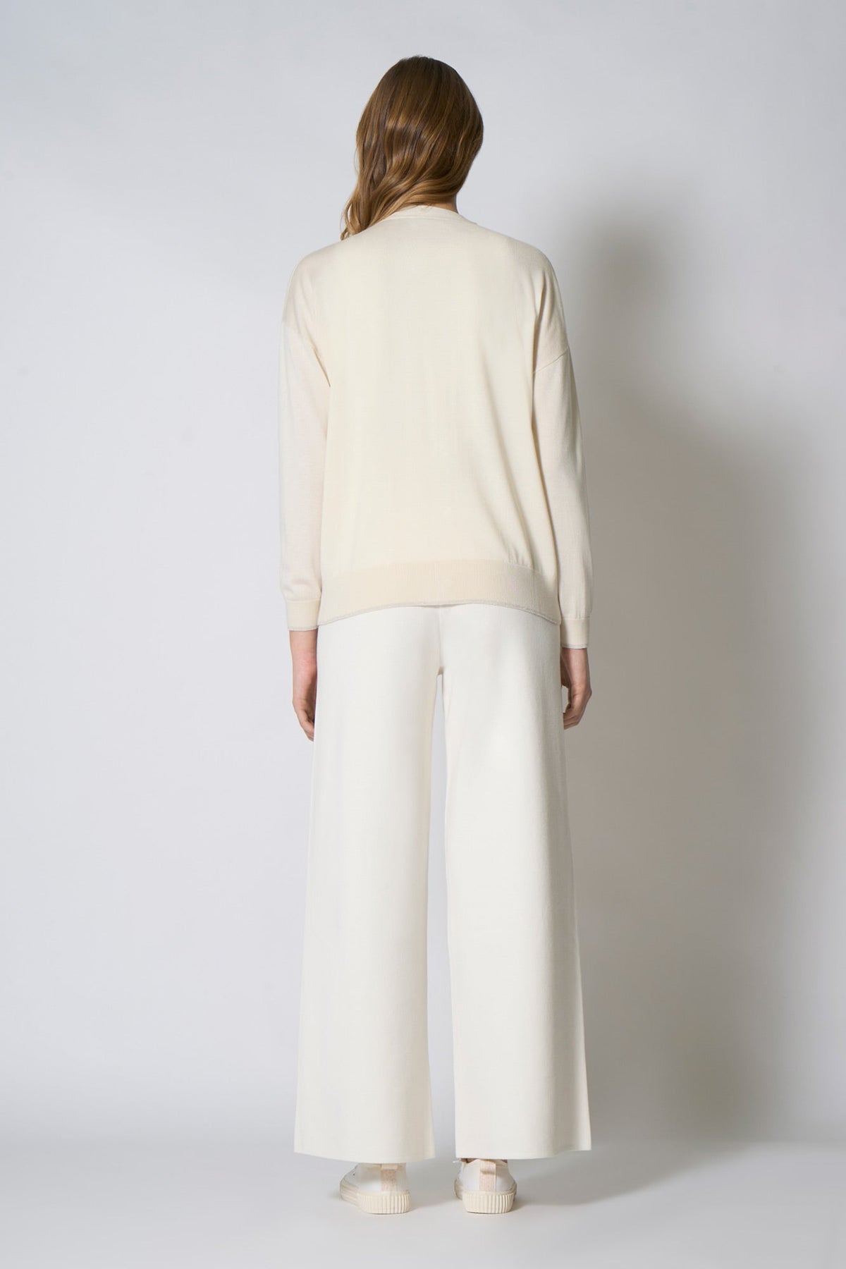 Cardigan con inserti Lurex in Seta Cashmere Avorio