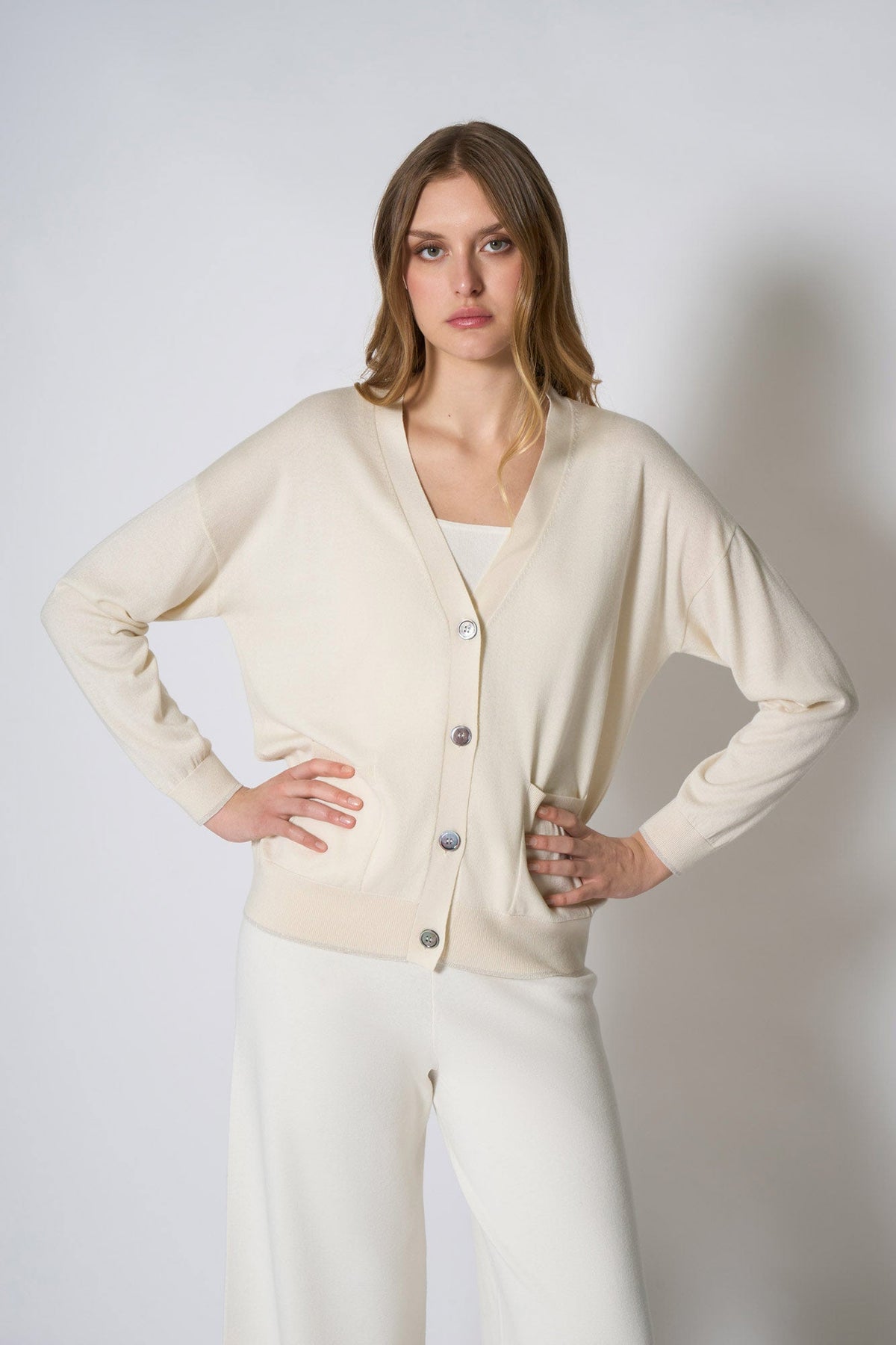 Cardigan con inserti Lurex in Seta Cashmere Avorio