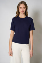 Maglia Girocollo Mezza Manica in Seta Cashmere Navy