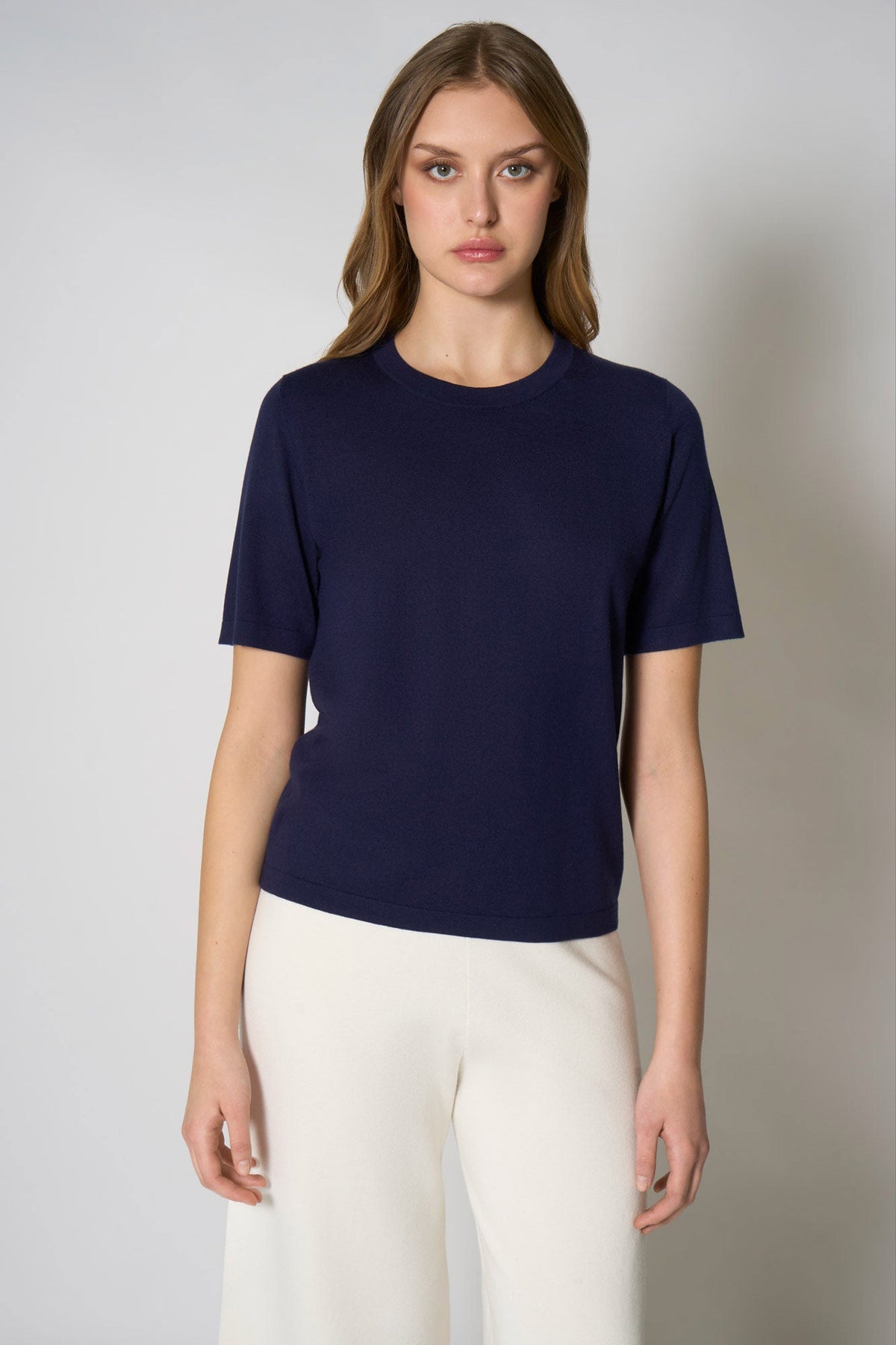 Maglia Girocollo Mezza Manica in Seta Cashmere Navy