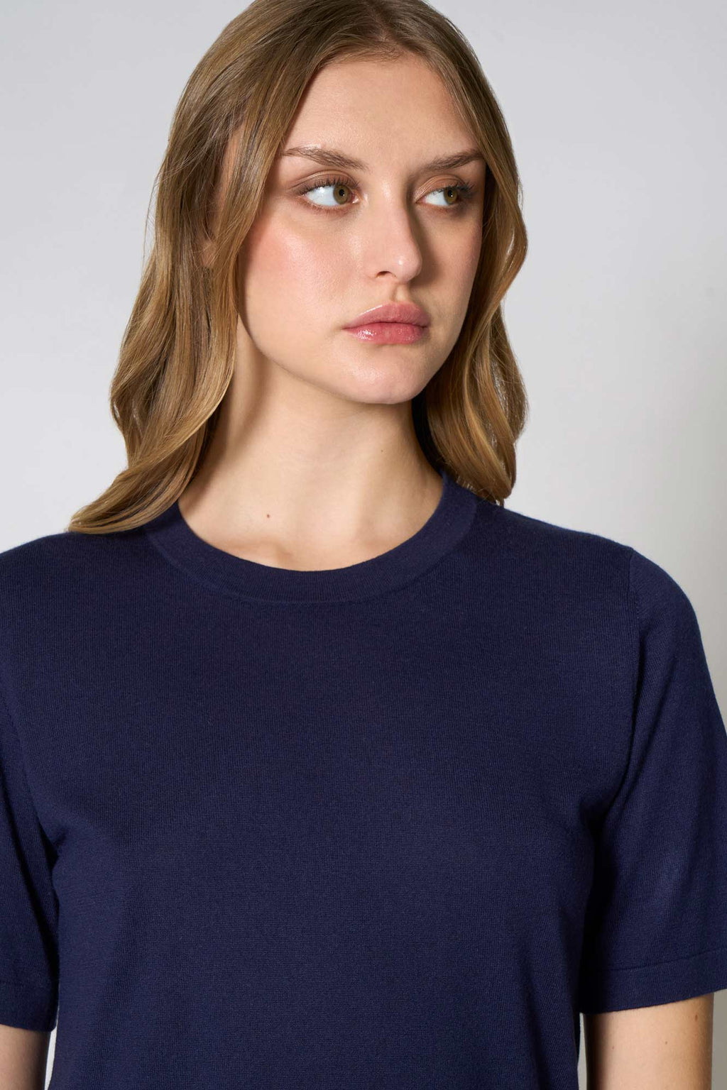 Maglia Girocollo Mezza Manica in Seta Cashmere Navy