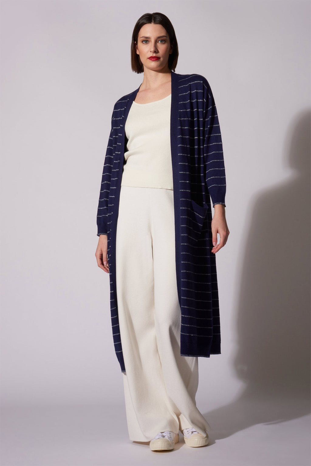 Spolverino con inserti in Lurex in Seta Cashmere Blu Navy