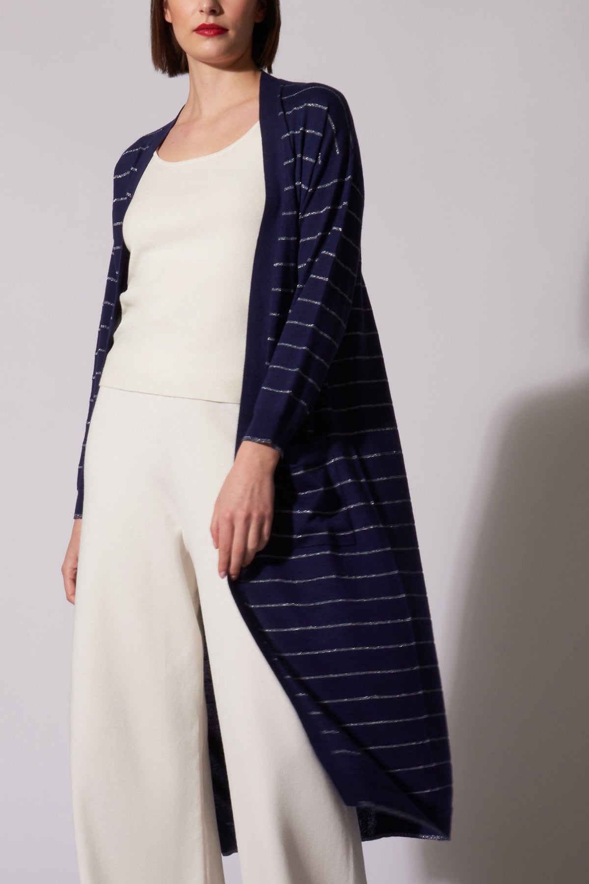Spolverino con inserti in Lurex in Seta Cashmere Blu Navy