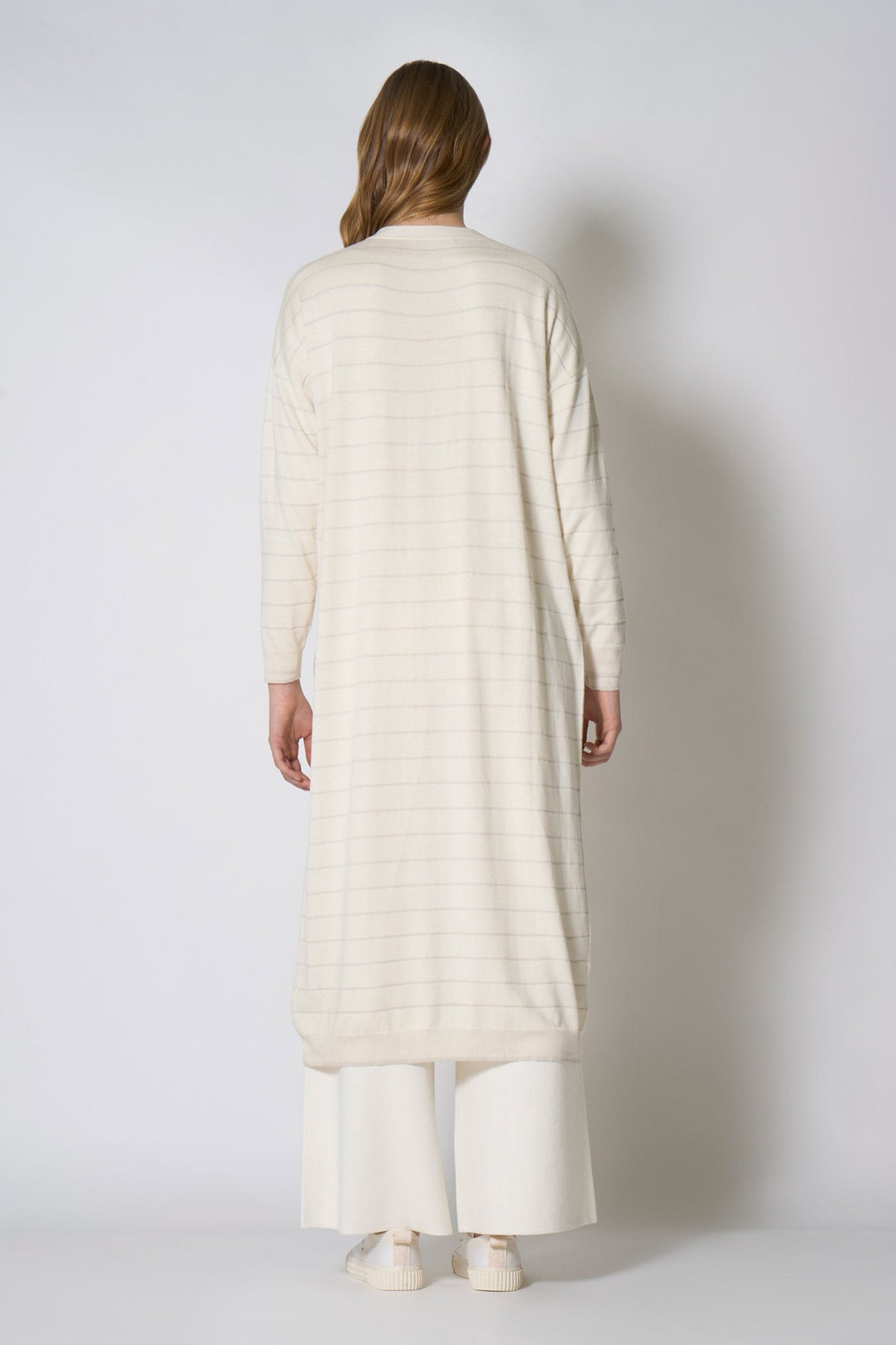 Spolverino con inserti in Lurex in Seta Cashmere Avorio