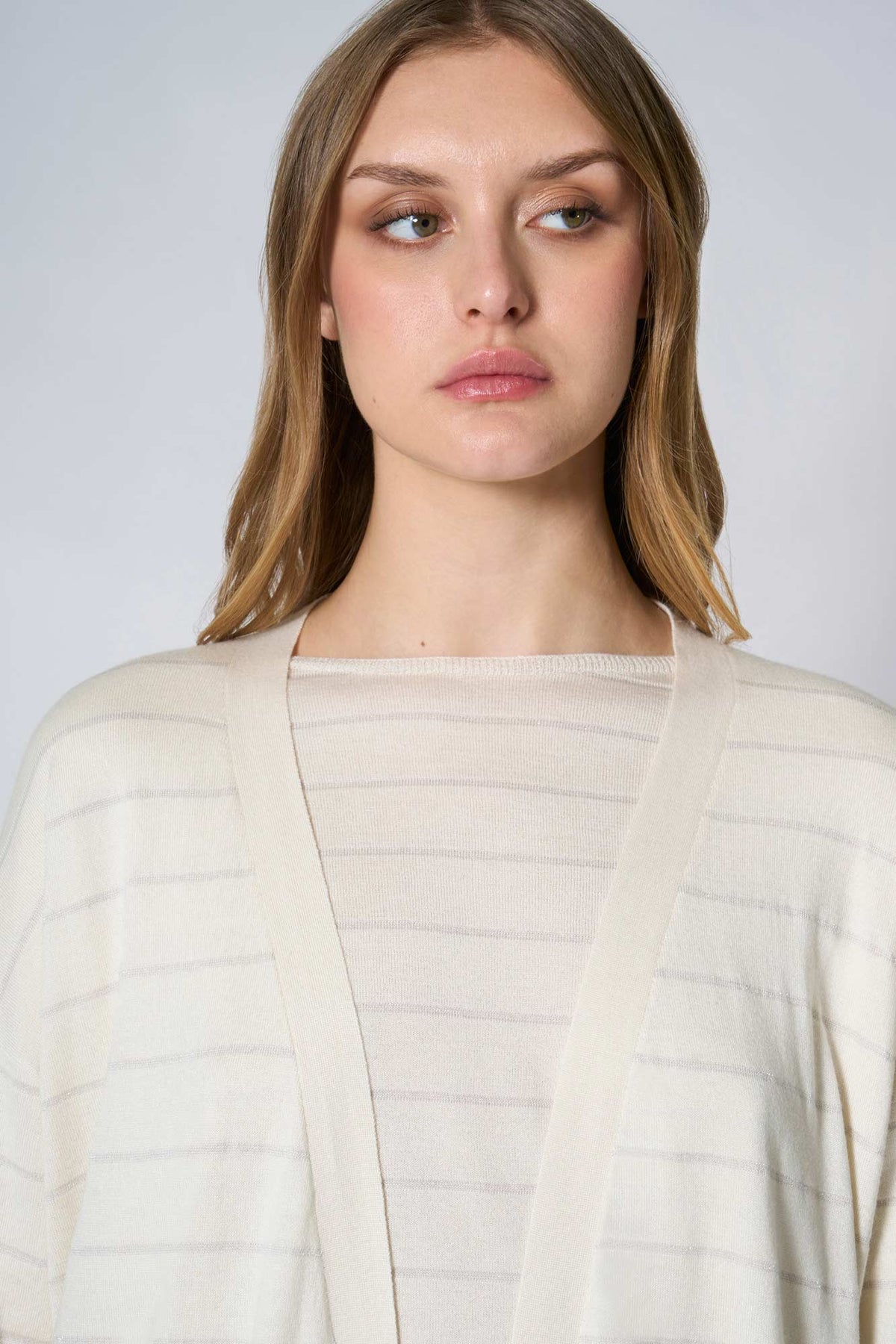 Spolverino con inserti in Lurex in Seta Cashmere Avorio