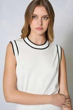 Girocollo Senza Maniche in Cotone Seta Cashmere Bianco Latte-Nero