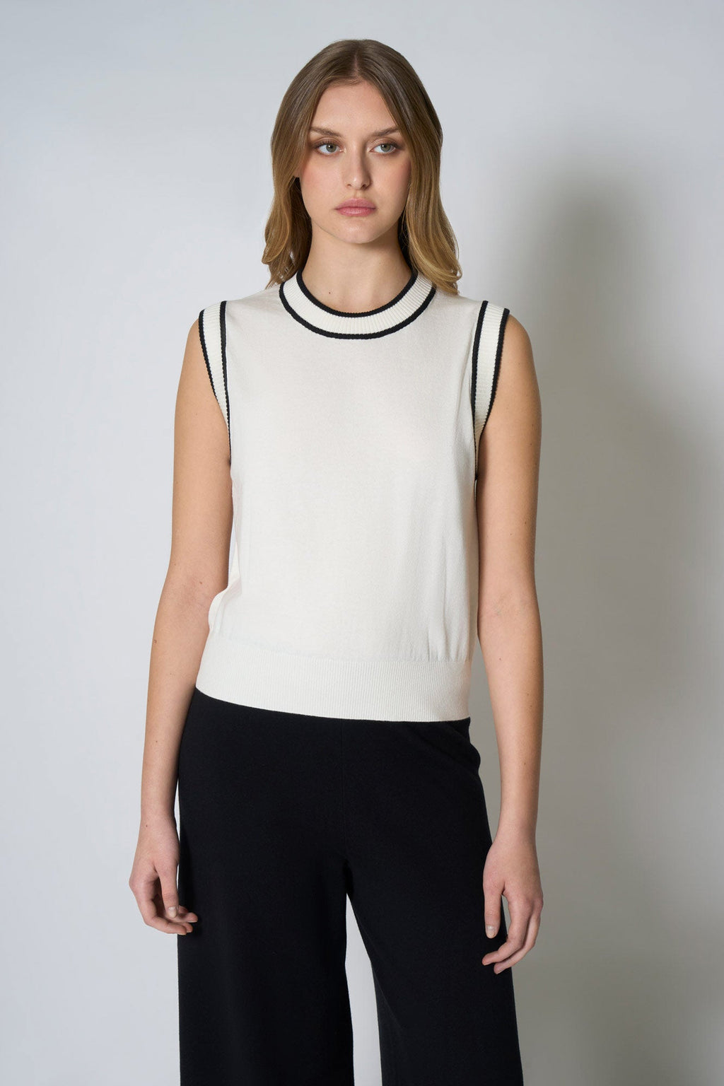 Girocollo Senza Maniche in Cotone Seta Cashmere Blu-Bianco Latte