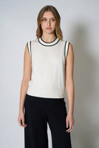 Girocollo Senza Maniche in Cotone Seta Cashmere Blu-Bianco Latte
