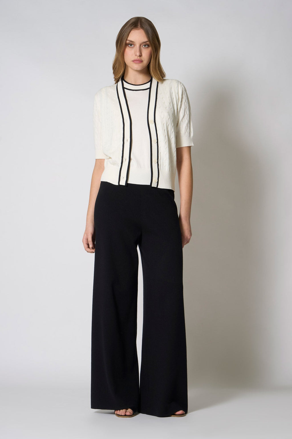 Cardigan Trecce Mezza Manica in Cotone Seta Cashmere Bianco Latte-Nero