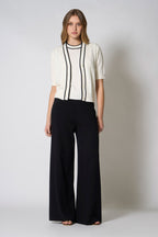 Cardigan Trecce Mezza Manica in Cotone Seta Cashmere Bianco Latte-Nero