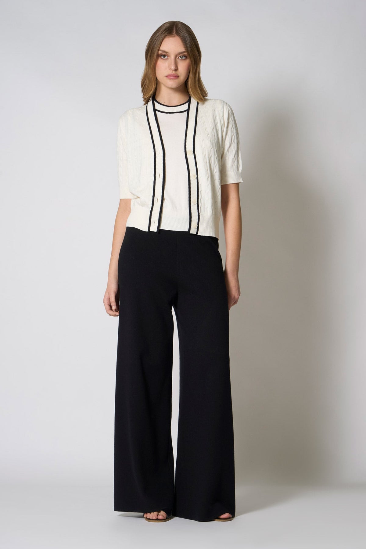 Cardigan Trecce Mezza Manica in Cotone Seta Cashmere Bianco Latte-Nero