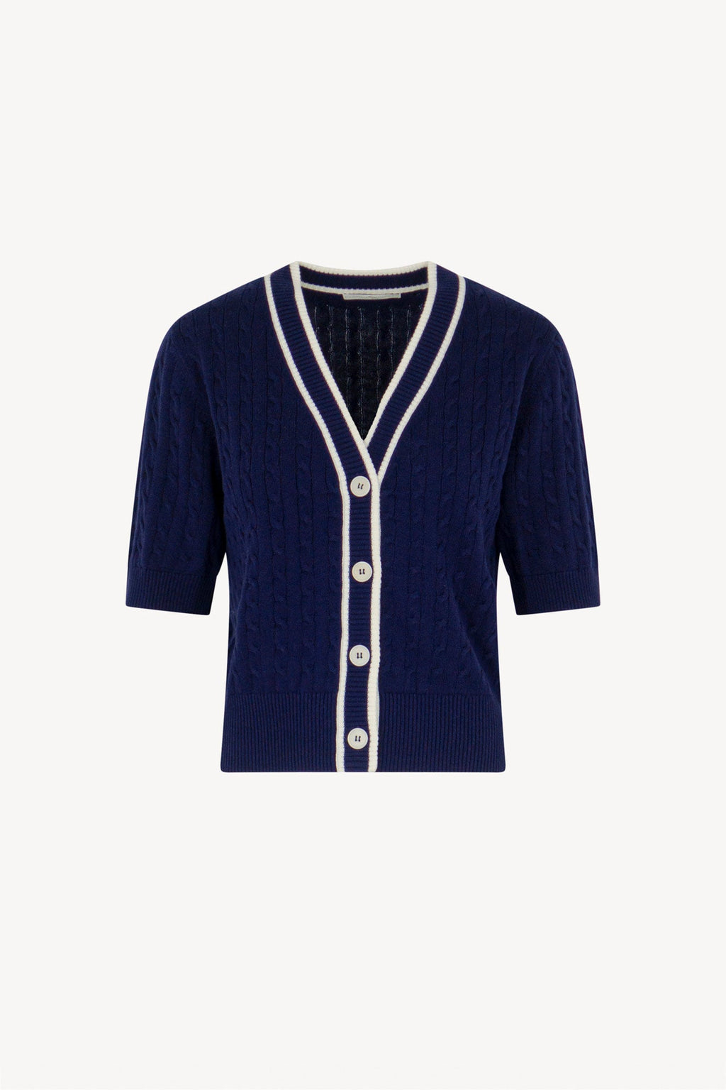 Cardigan Trecce Mezza Manica in Cotone Seta Cashmere Blu-Bianco Latte