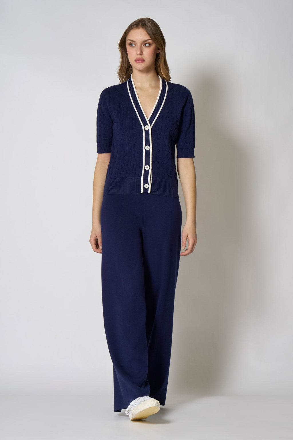 Cardigan Trecce Mezza Manica in Cotone Seta Cashmere Blu-Bianco Latte