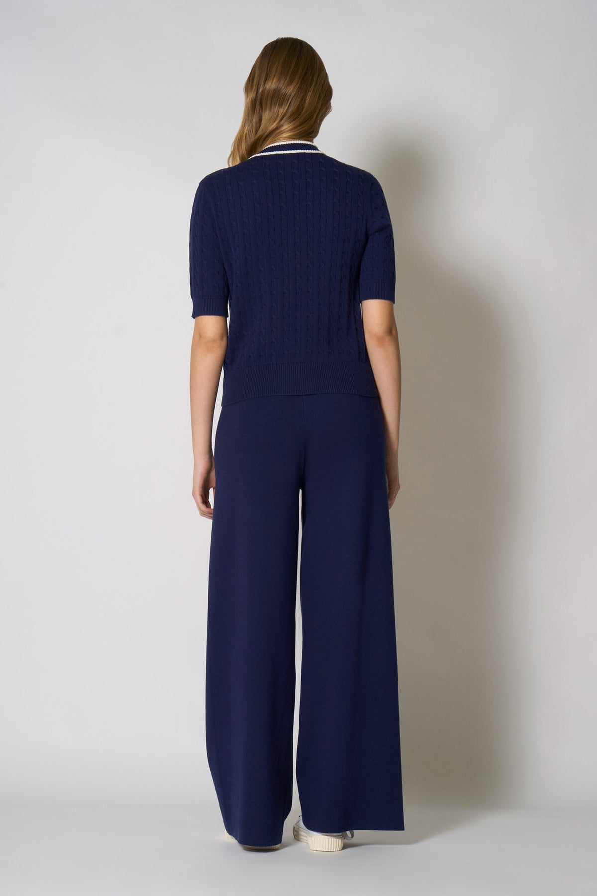 Cardigan Trecce Mezza Manica in Cotone Seta Cashmere Blu-Bianco Latte