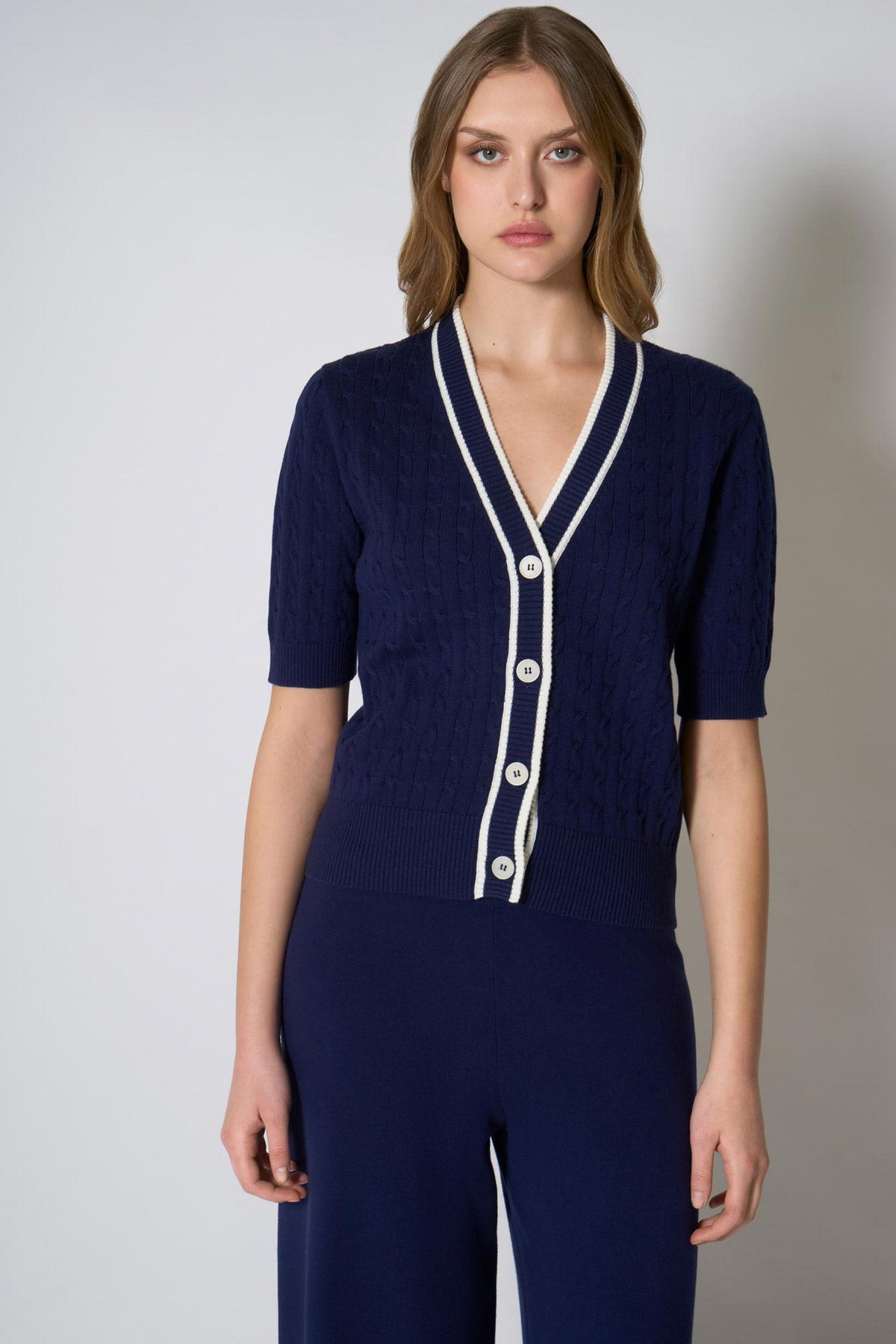 Cardigan Trecce Mezza Manica in Cotone Seta Cashmere Blu-Bianco Latte