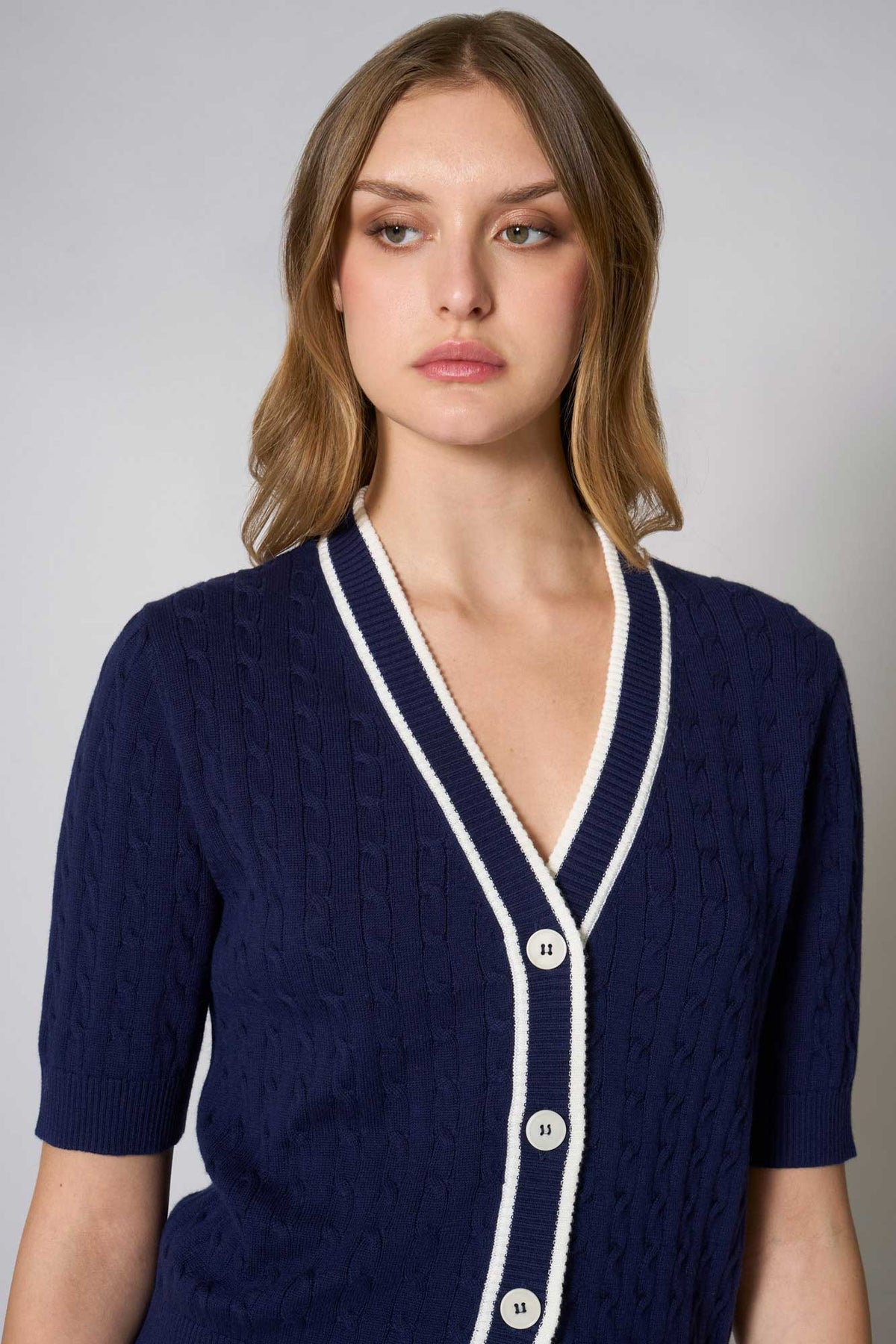 Cardigan Trecce Mezza Manica in Cotone Seta Cashmere Blu-Bianco Latte