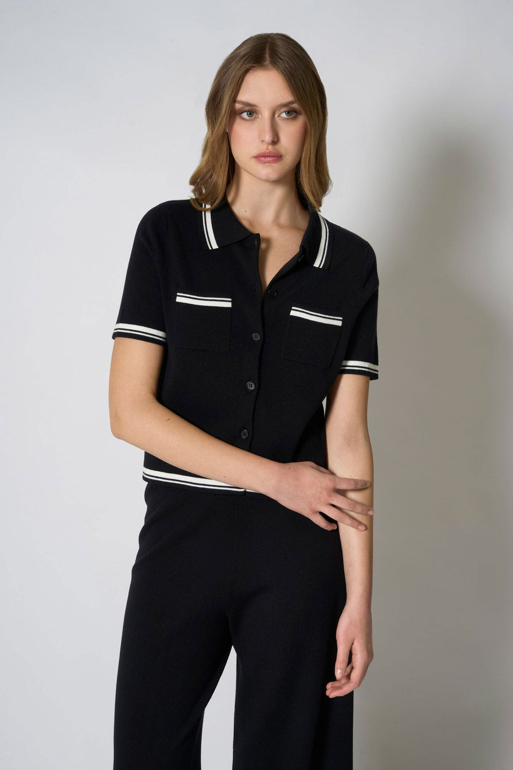 Camicia Mezza Manica in Cotone Seta Cashmere Nero-Bianco Latte