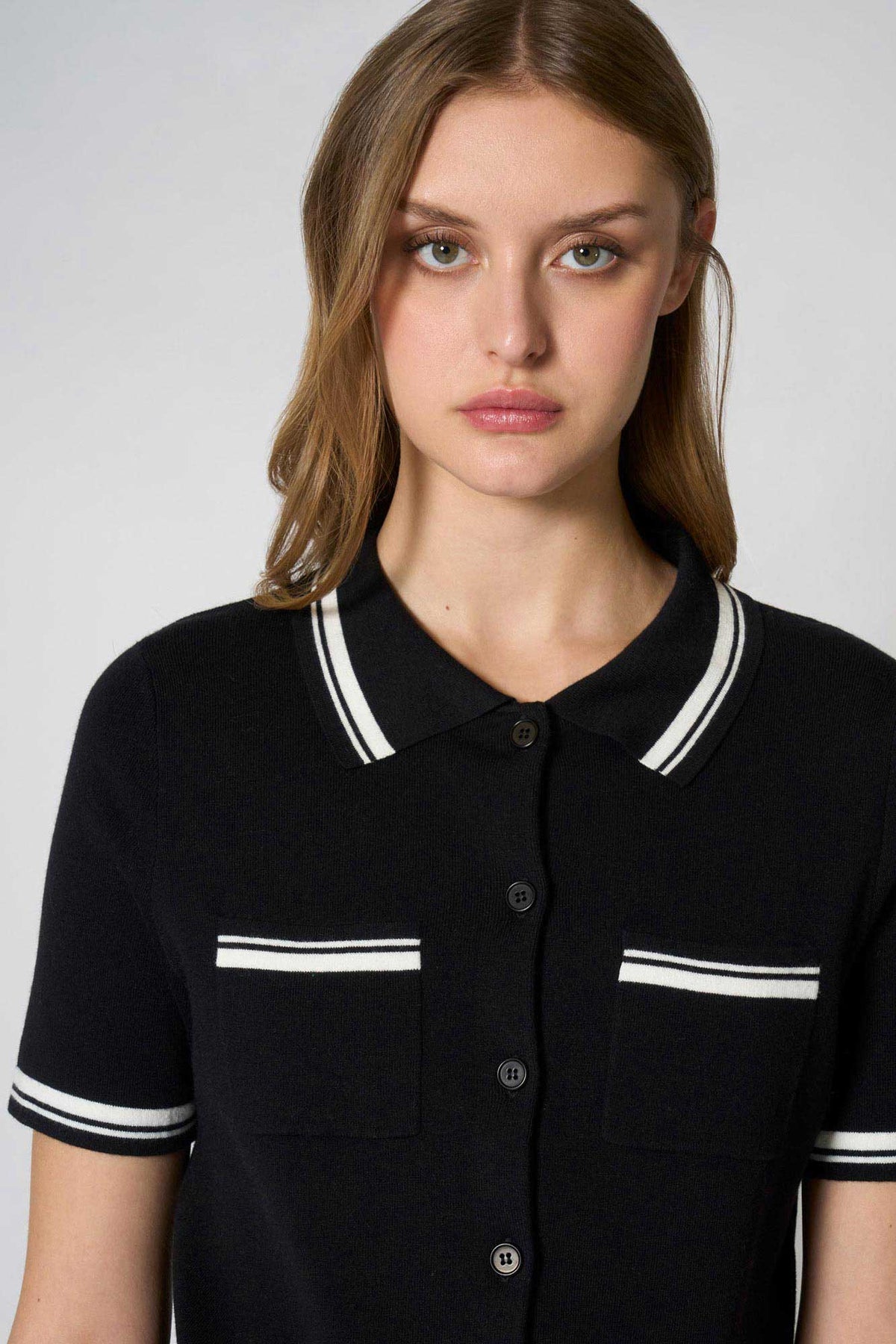 Camicia Mezza Manica in Cotone Seta Cashmere Nero-Bianco Latte