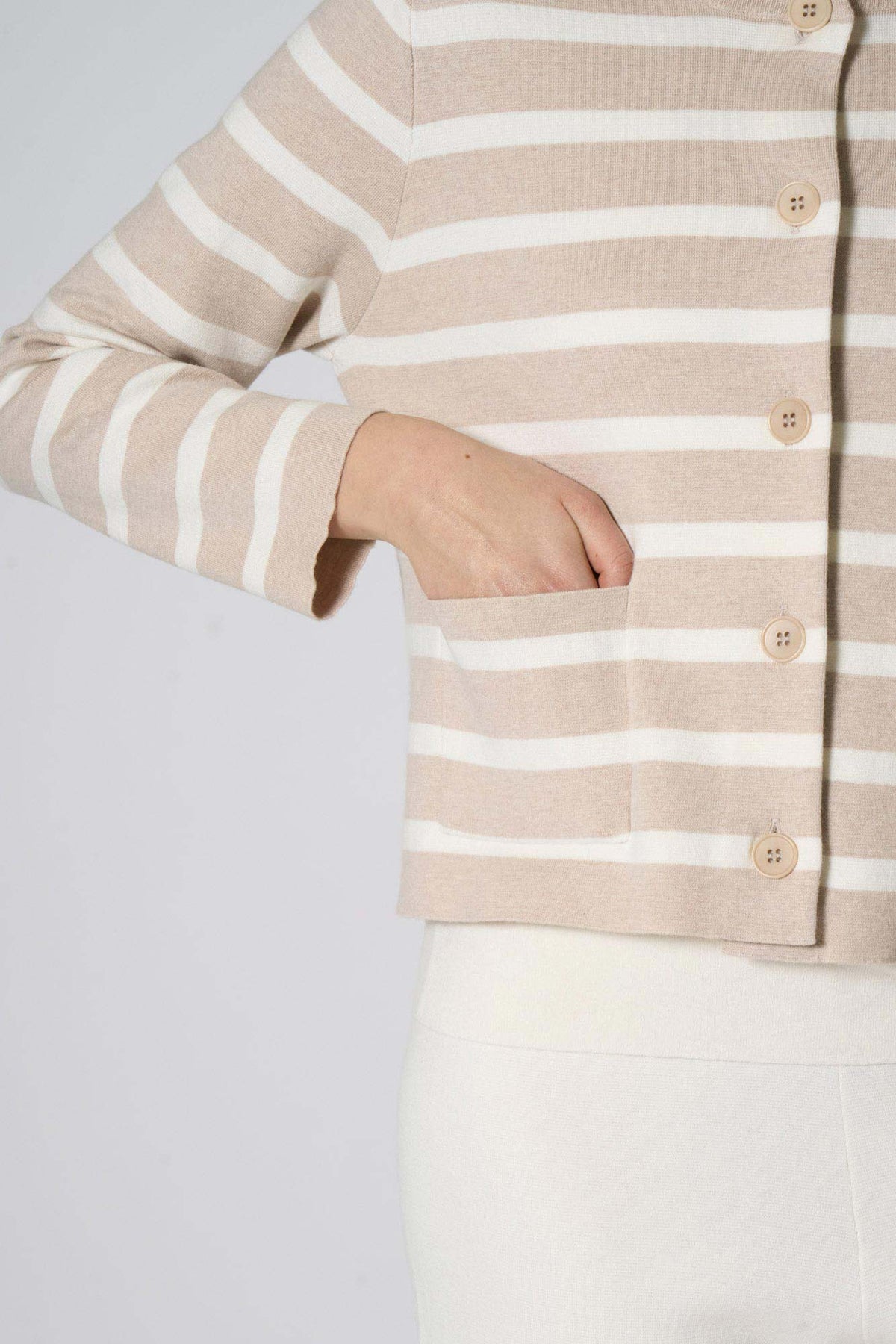 Giacca in Maglia Stoffa in Cotone Seta Cashmere Avena-Bianco Latte