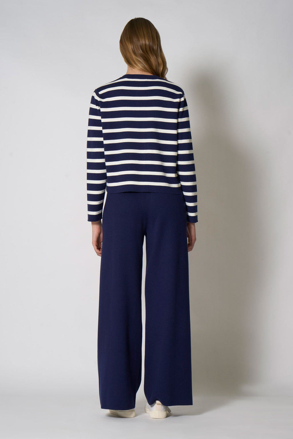 Giacca in Maglia Stoffa in Cotone Seta Cashmere Blu-Bianco Latte